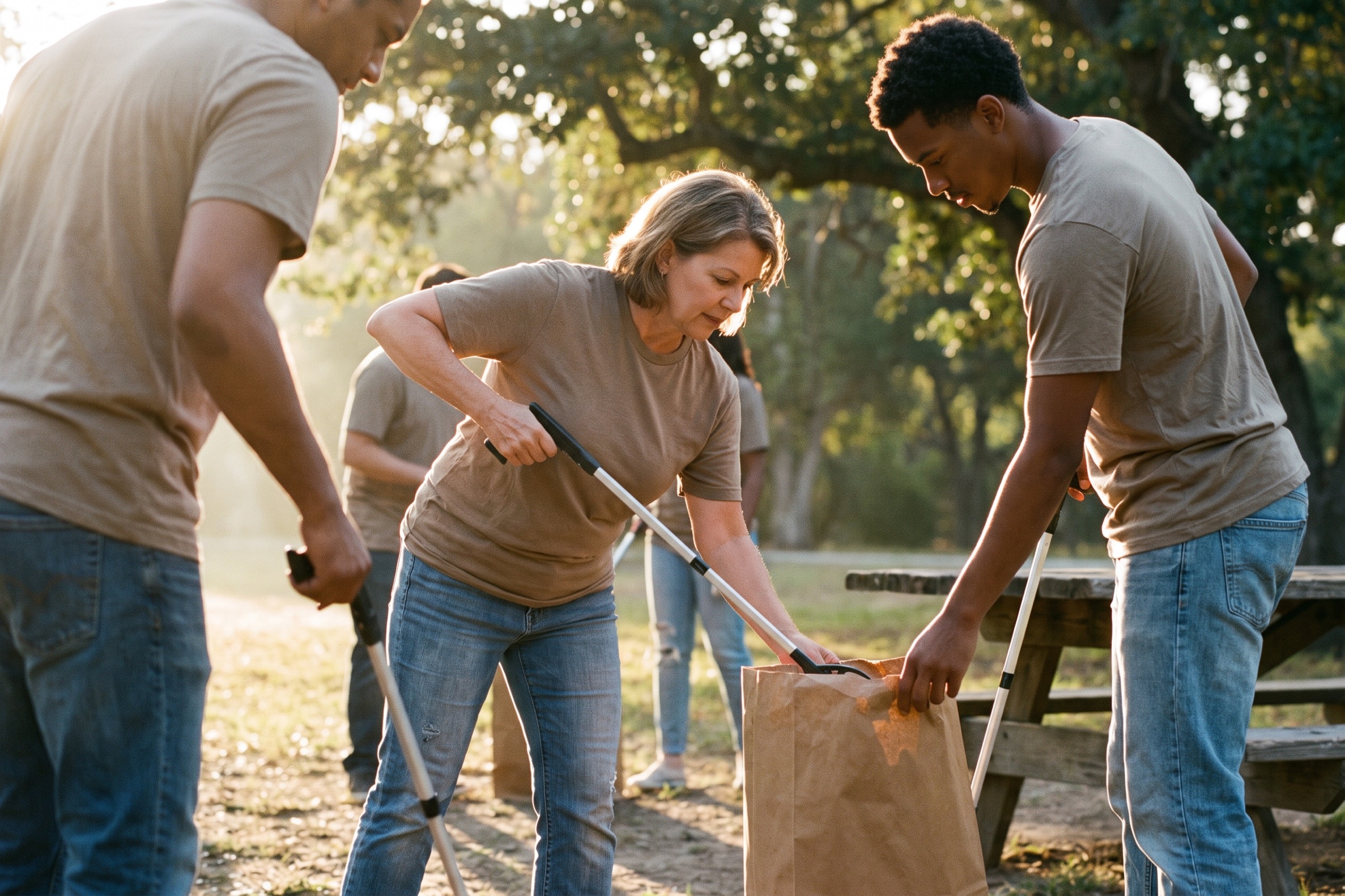 Volunteers working together outdoors