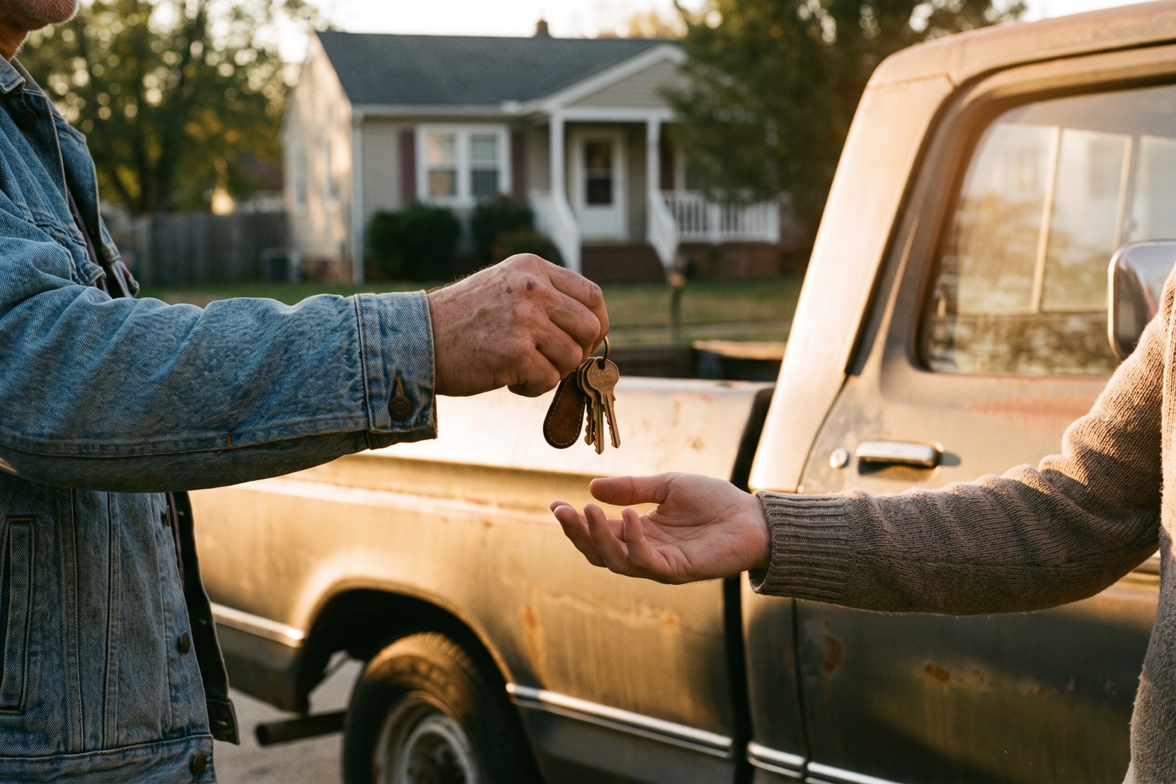 Keys handed over beside a pickup truck at golden hour
