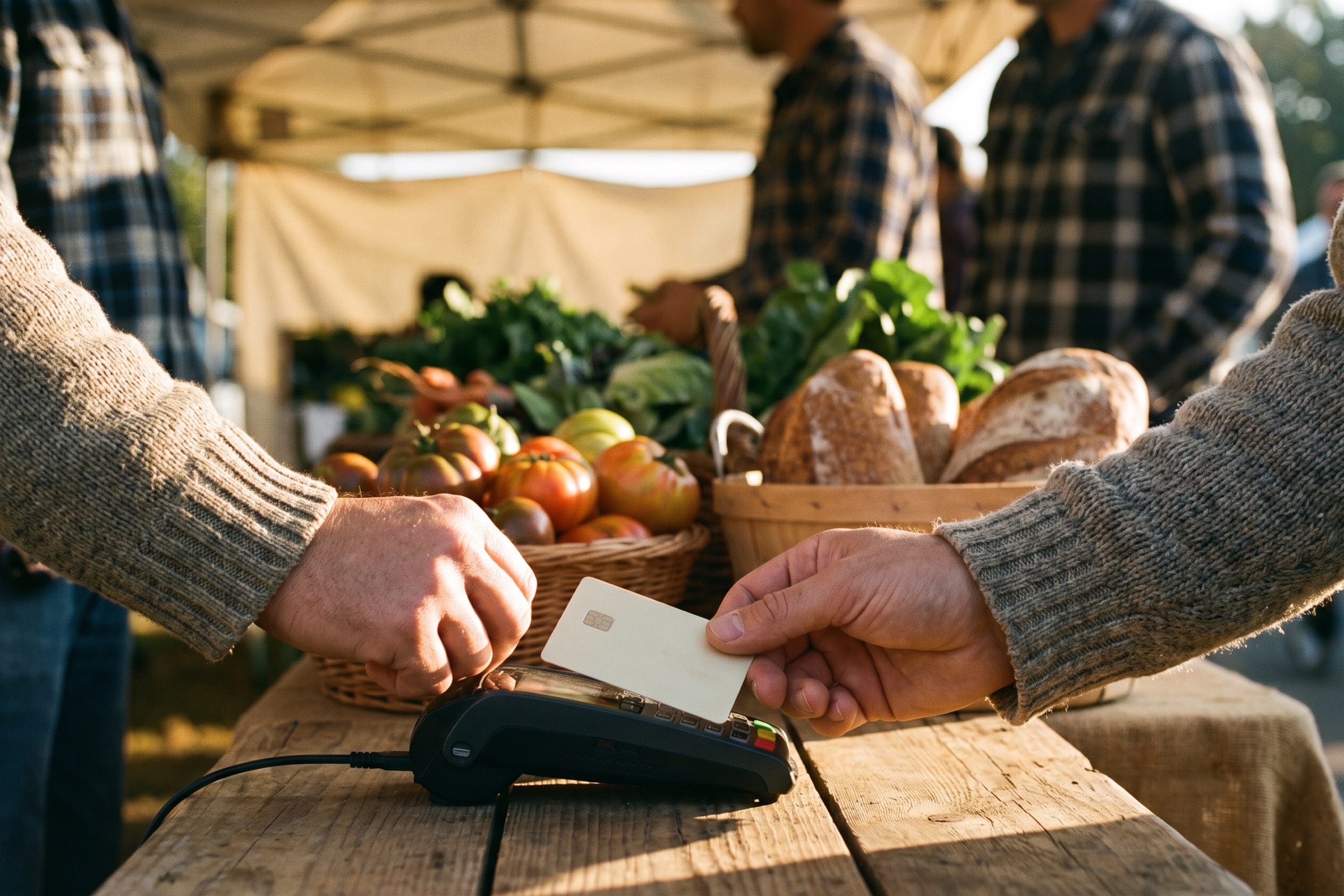 Hand paying with a bank card at a farmers market stall