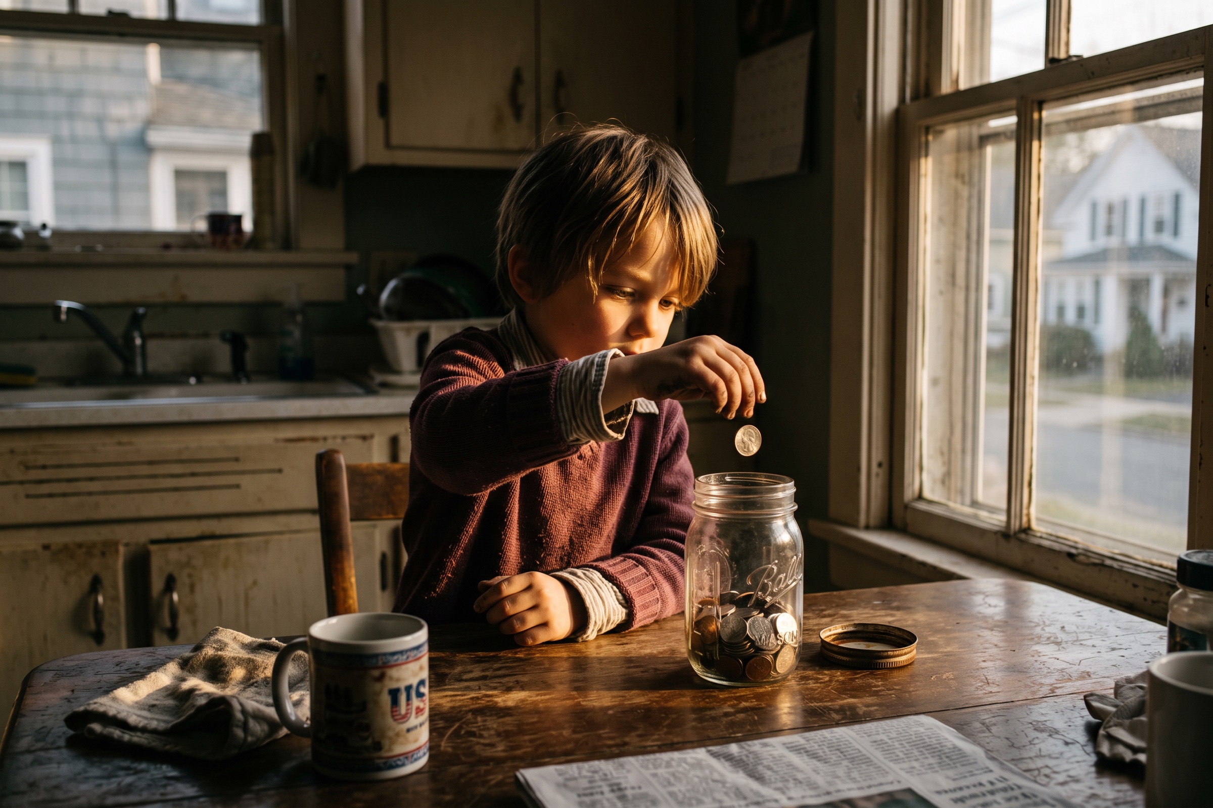 Child dropping a coin into a glass jar on a kitchen table