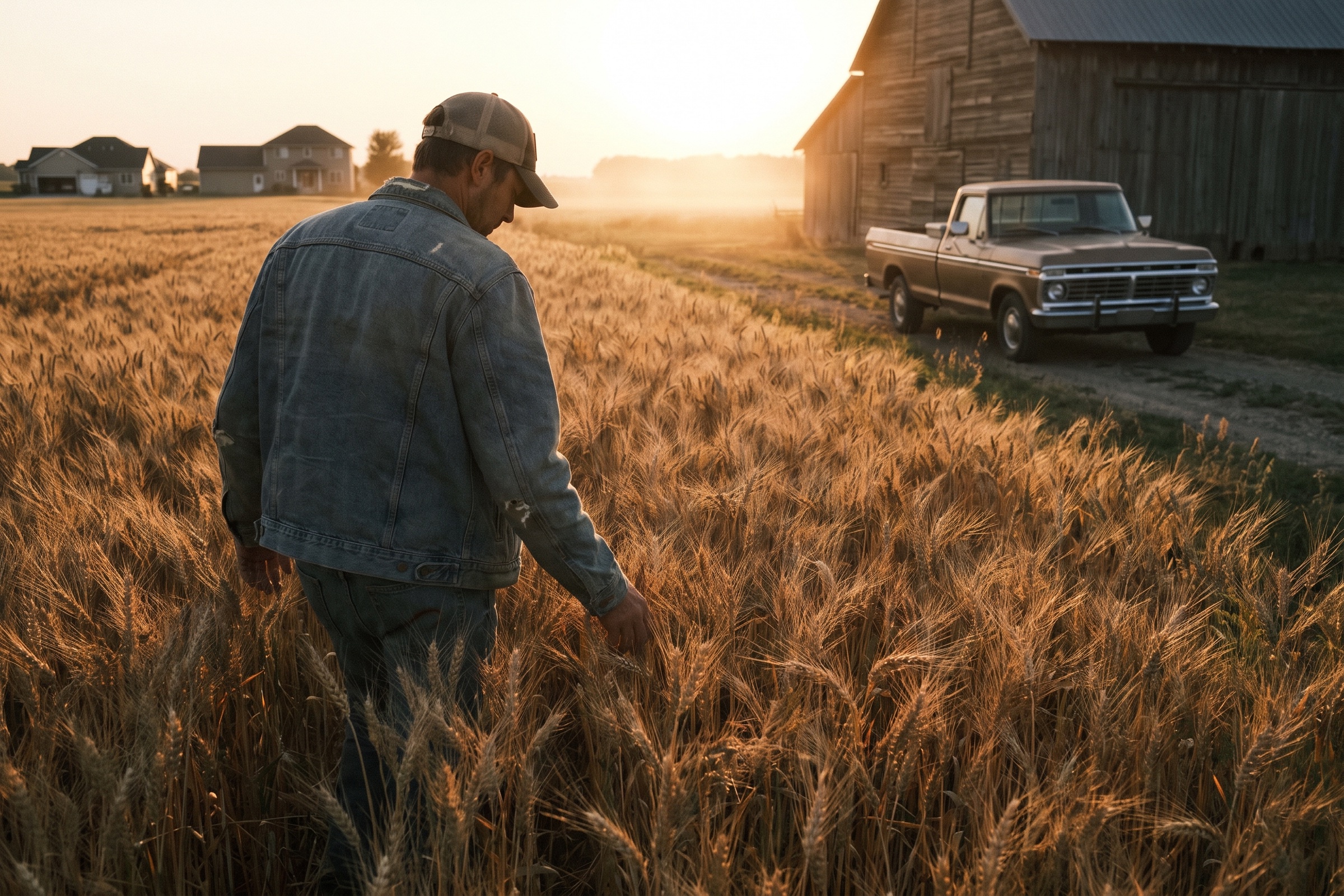 Wheat field at golden hour with warm light on the horizon