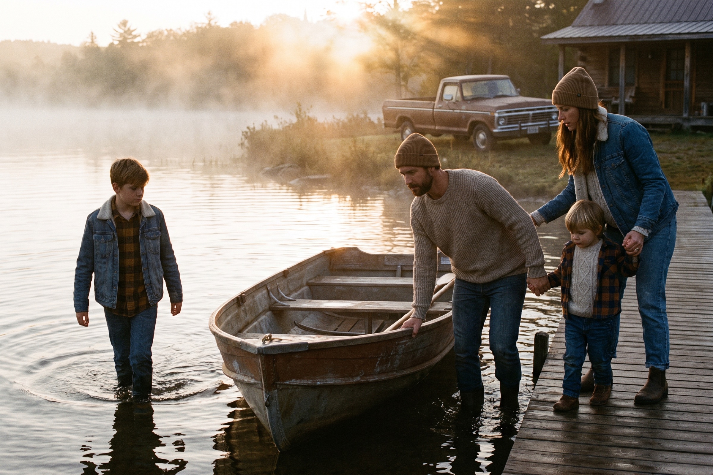 Family towing a boat toward a lake at golden hour