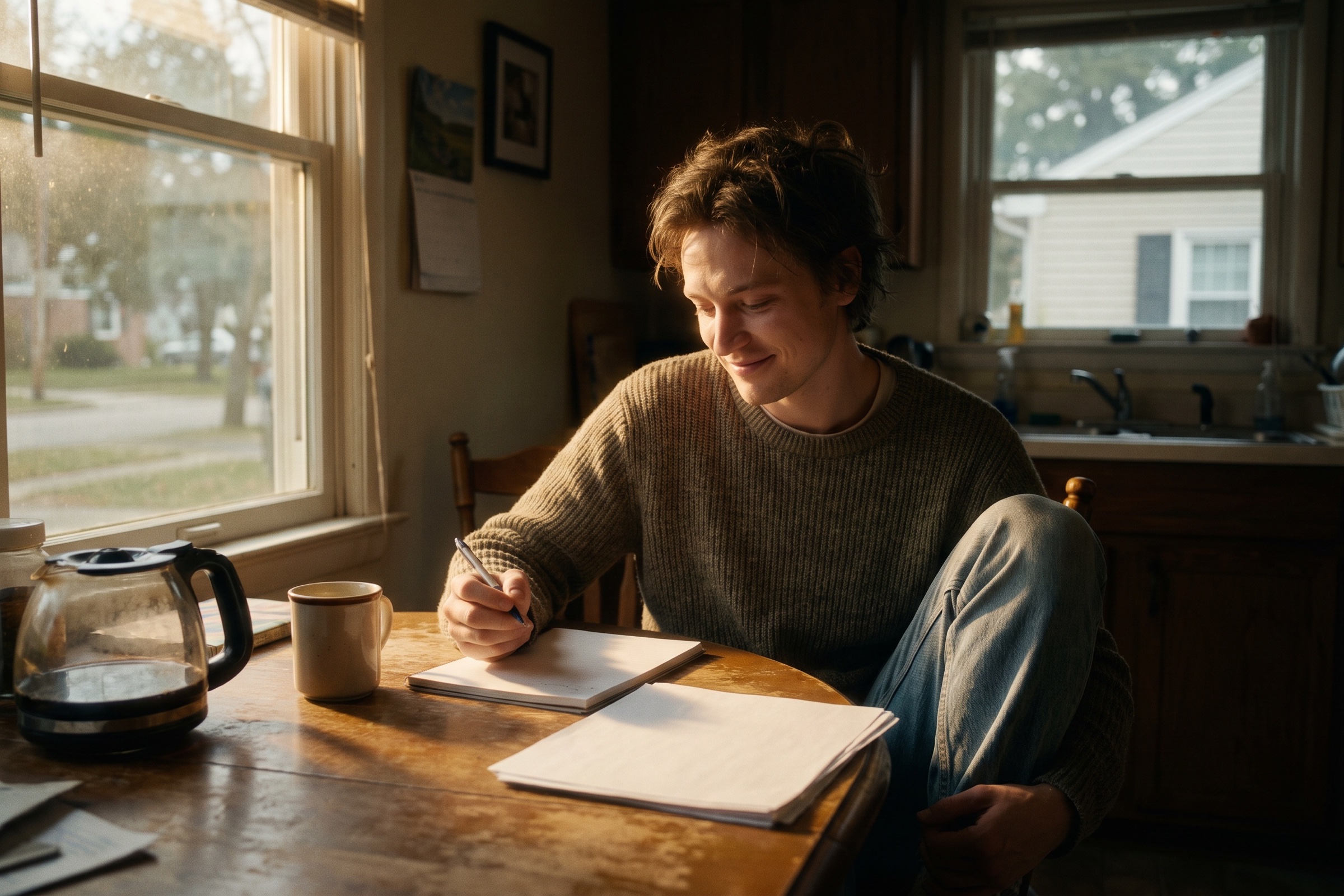 Couple planning finances at a kitchen table