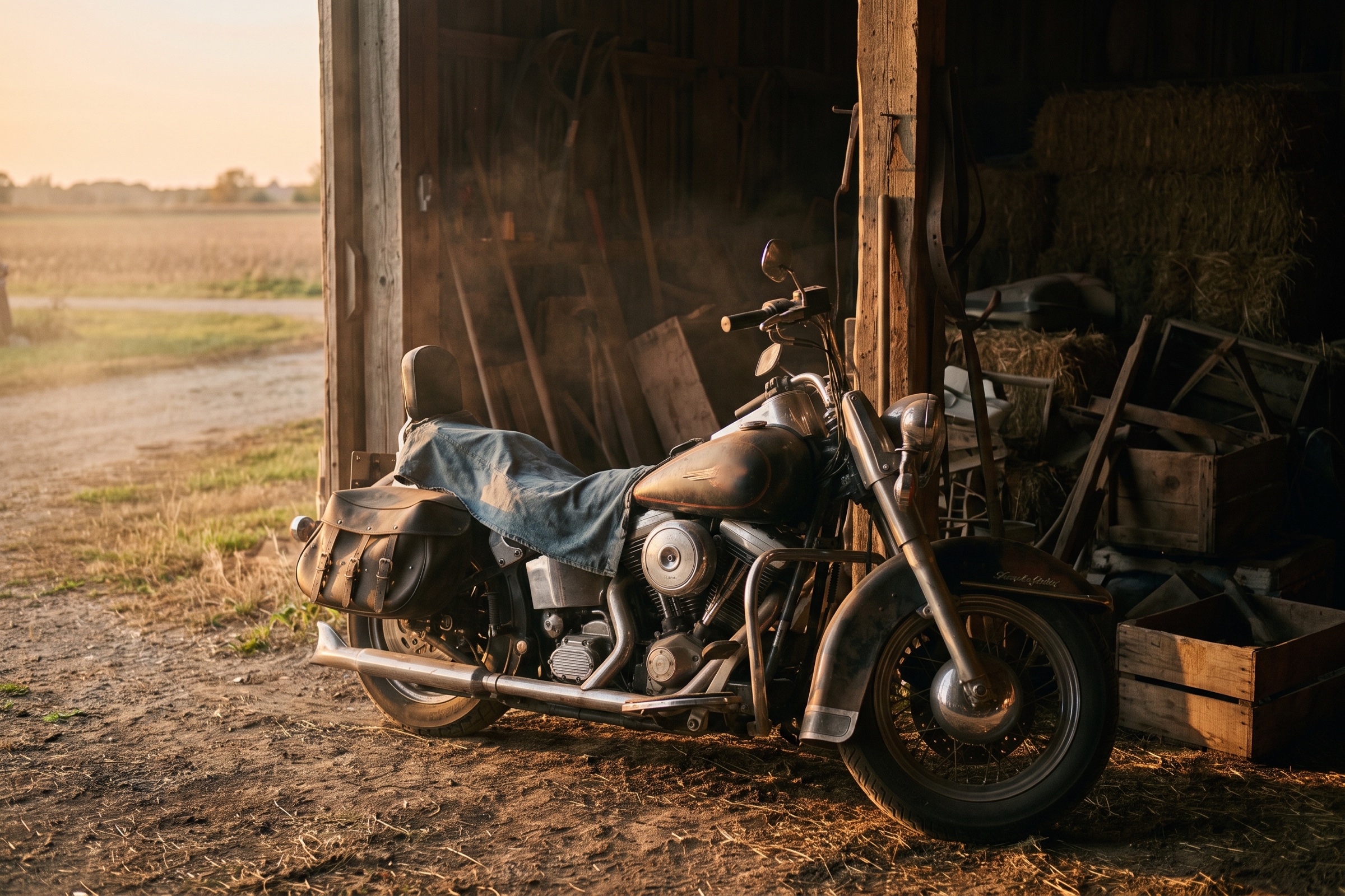 Rural workshop with equipment in warm light