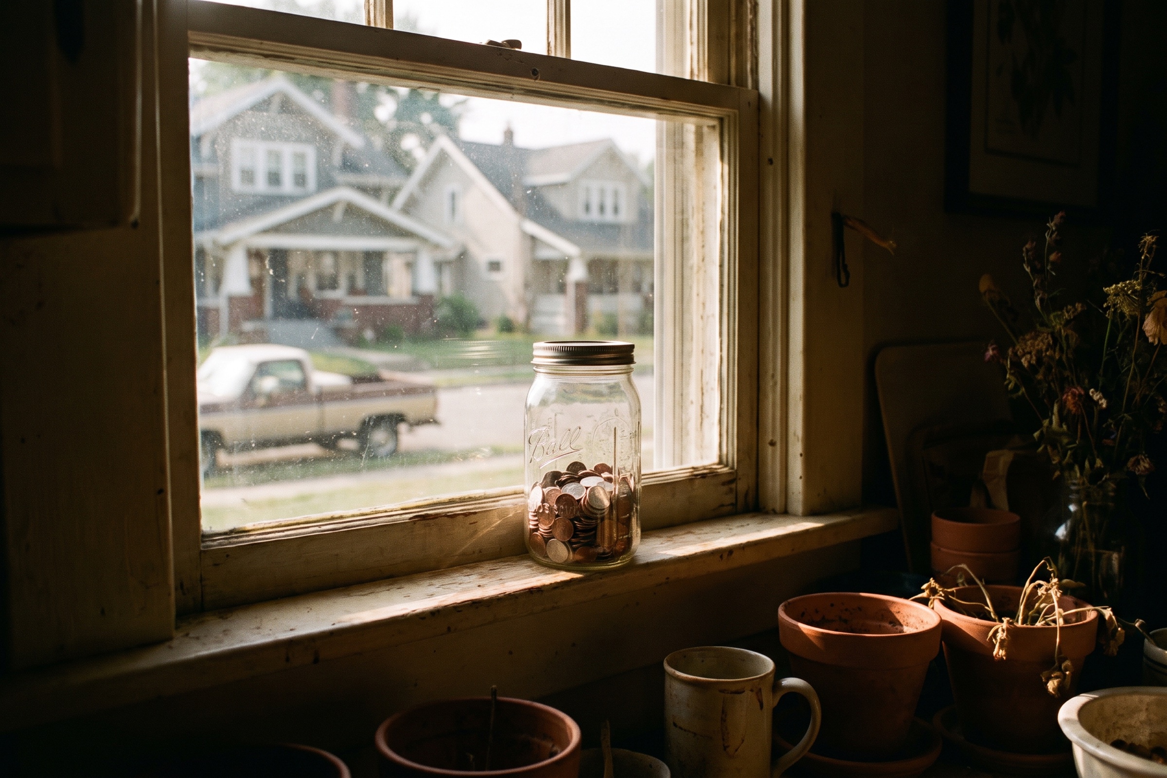 Savings jar on a windowsill in morning light