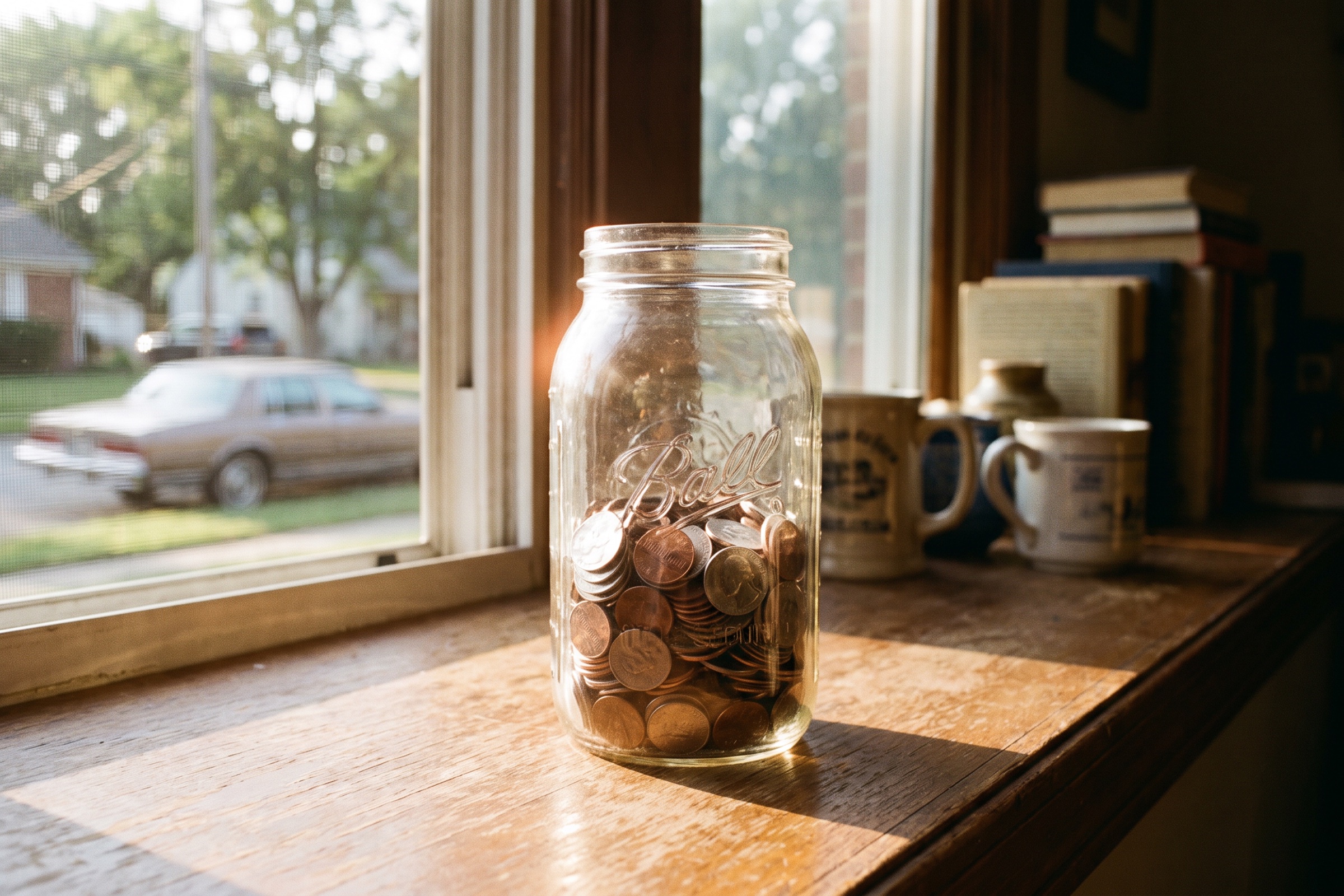 Coins added to a savings jar on a kitchen table